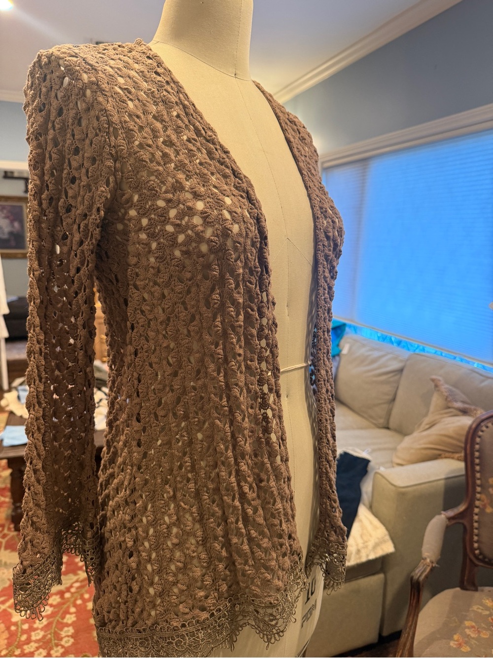 Y2K 90s Openwork Crochet Brown Women's Cardigan Sweater